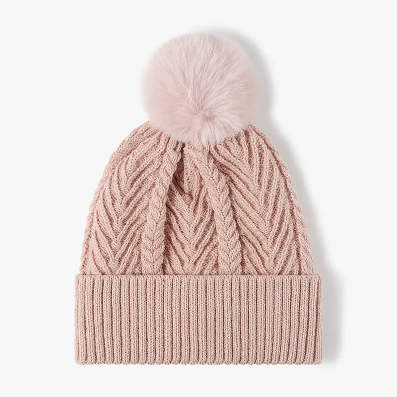 Cable Knit Solid Color Hat with Pompom - Image 6