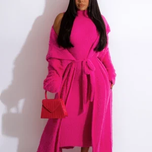 Women Long Cardigan Dress 2 Piece Set