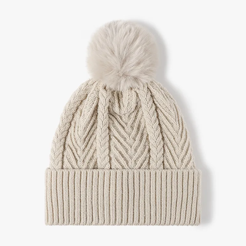 Cable Knit Solid Color Hat with Pompom - Image 7