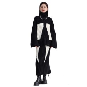 Two Piece Sets For Women Turtleneck Long Sleeves Sweater High Waist Skirt Casual Set